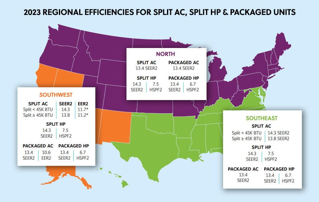 Map of 2023 REGIONAL EFFICIENCIES FOR SPLIT AC, SPLIT HP & PACKAGED UNITS