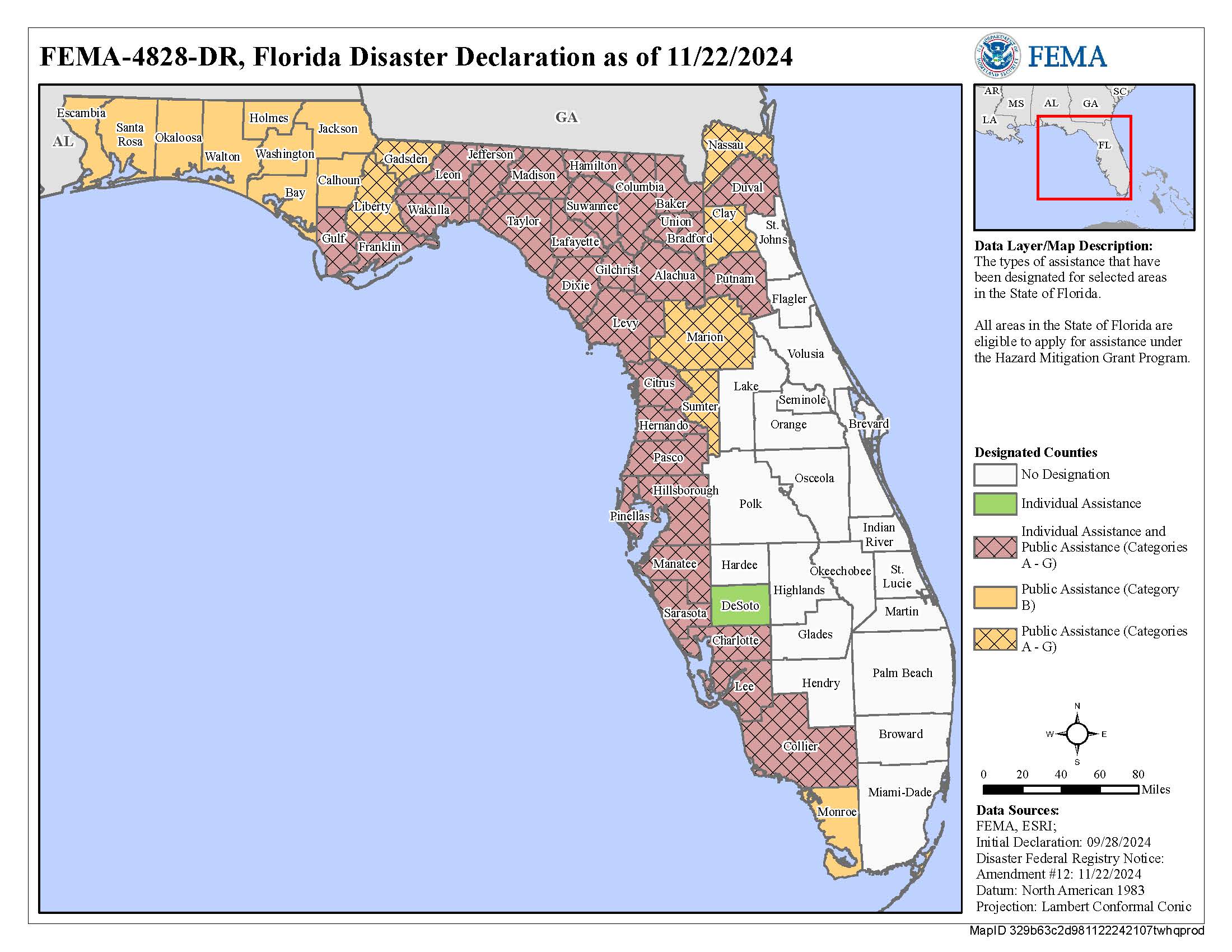 Florida disaster declaration map dated November 22, 2024, showing most counties in the state approved for both individual and public disaster assistance