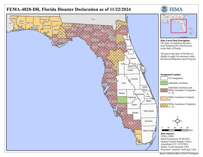 Florida disaster declaration map dated November 22, 2024, showing most counties in the state approved for both individual and public disaster assistance