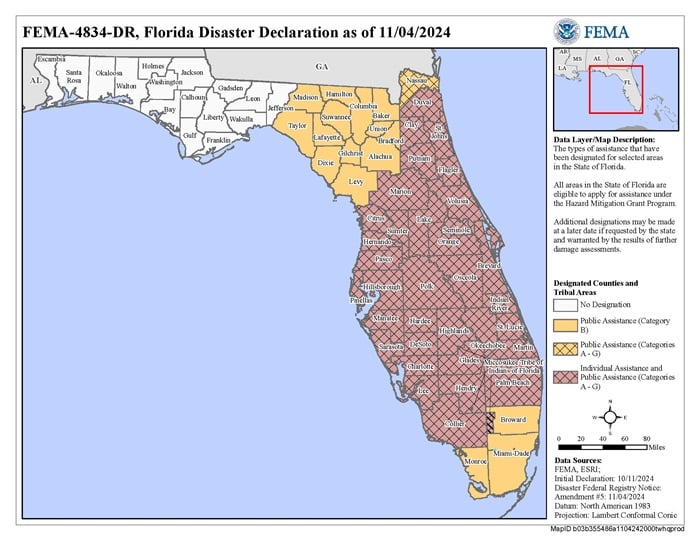 Florida disaster declaration map dated November 4, 2024, showing most counties in the state approved for both individual and public disaster assistance