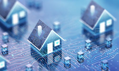 Digital houses symbolizing AI-powered homebuilding.