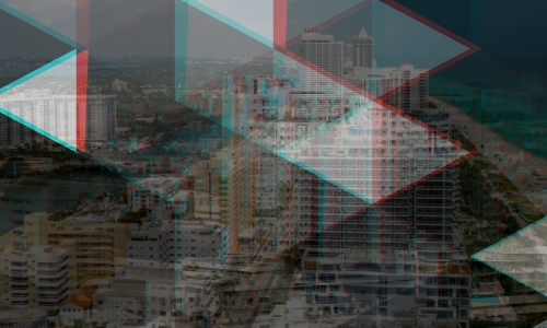 Concept Image of a "Glitch" view of condos in Miami Beach illustrating the new Glitch Bill introduce by Gov. Ron DeSantis