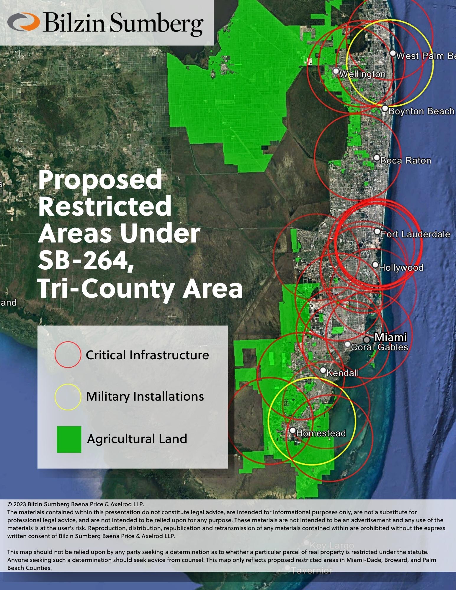 Map of Miami-Dade, Broward and West Palm Beach County depicting restricted areas under SB-264