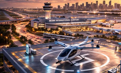 Futuristic illustration of vertiport in Miami.
