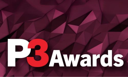 Logo for P3 Awards in bold white and red text on a geometric, dark maroon background.