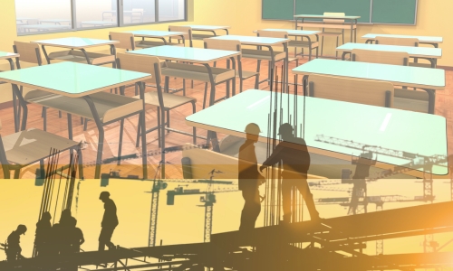 photo illustration of a classroom and construction 