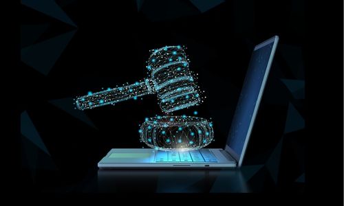 Illustration of a gavel and computer 