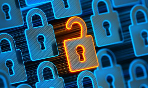  The image shows a grid of blue closed padlocks with one orange open lock, symbolizing a security breach or vulnerability.