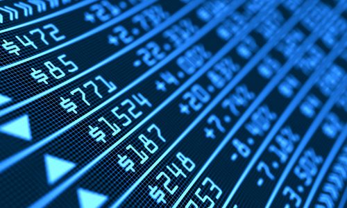 Digital stock market display showing rows of financial data with dollar values and percentage changes, including downward-pointing arrows indicating stock price declines
