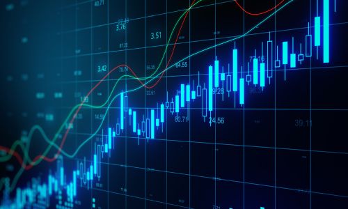 Digital stock market chart showing blue candlestick bars, green and red trend lines, and numerical data against a dark grid background, representing financial analysis and trading activity.