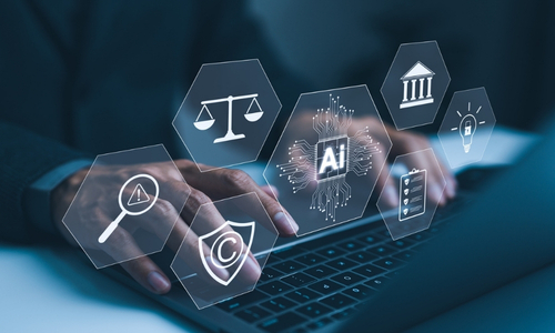AI Laws and Regulations Concept. Hand typing on laptop with digital icons representing artificial intelligence, legal standard, ethics, and regulatory compliance, Technology law and policy, copyright,