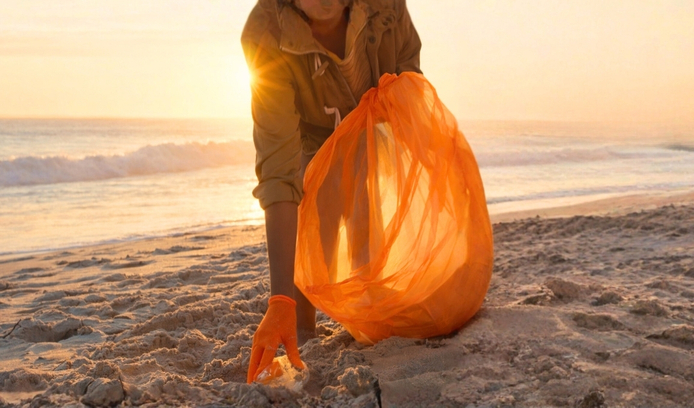 Person in orange gloves collects plastic waste into a bright orange bag on a sandy beach at sunset.