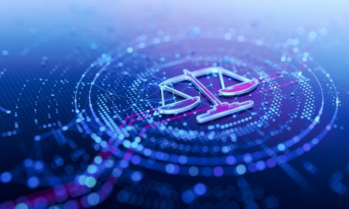 Digital illustration of glowing scales of justice at the center of a circular network pattern, symbolizing law, technology, and data integration.