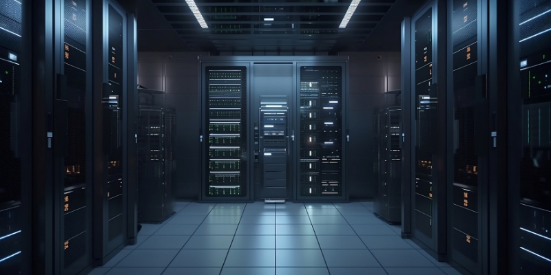 A modern server room with rows of black equipment racks lining both sides of a tiled aisle. Blue-white overhead lighting illuminates network and server hardware visible through glass cabinet doors, creating a clean, high-tech atmosphere.