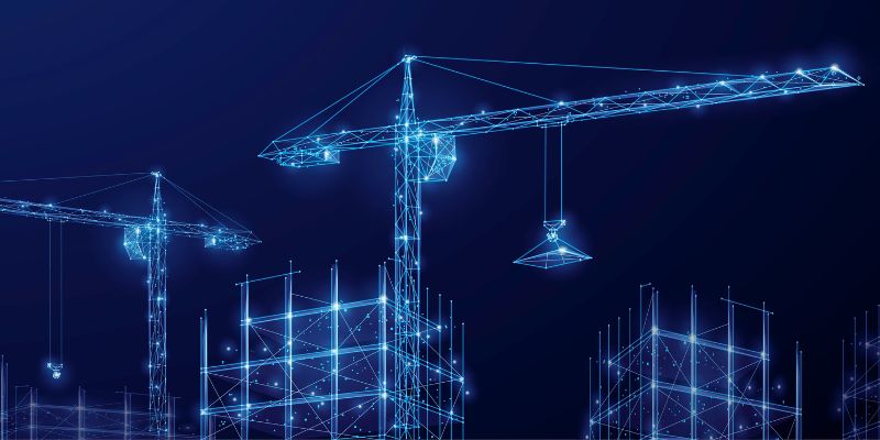 Digital illustration of construction cranes and building structures made of glowing blue lines against a dark background.